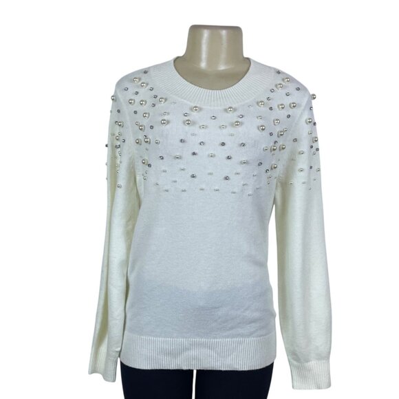 Talbots Womens White Embellished Knit Sweater Pearl & Bead Accents Size M - Picture 1 of 7